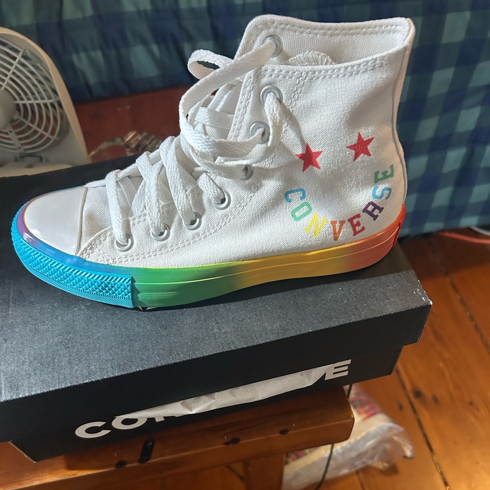 Converse White High-Tops with Multicolor Sole